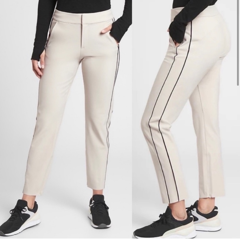 Athleta Stellar Novelty High Rise Striped Side Trouser in Beige Size 8